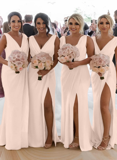 Sheath/Column Cowl Neck Sleeveless Chiffon Bridesmaid Dresses With Pleated Split Front