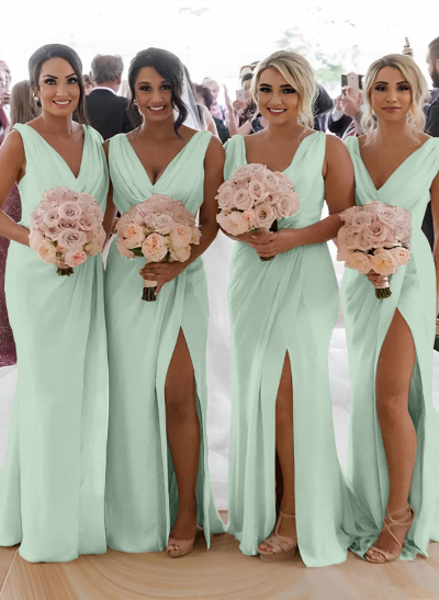Sheath/Column Cowl Neck Sleeveless Chiffon Bridesmaid Dresses With Pleated Split Front