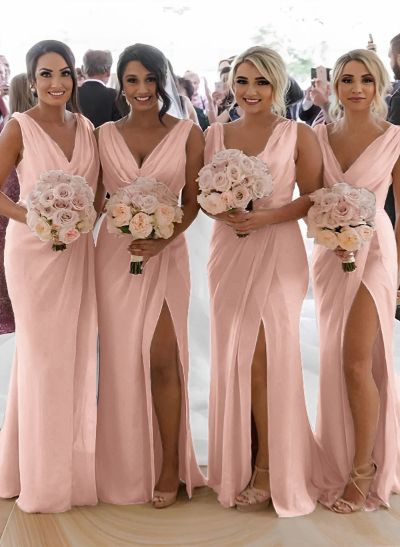 Sheath/Column Cowl Neck Sleeveless Chiffon Bridesmaid Dresses With Pleated Split Front