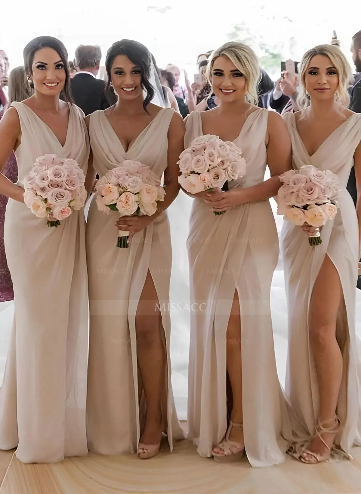 Missacc Home Try-on Vintage Mauve Bridesmaid Sheath/Column Cowl Neck Sleeveless Chiffon Bridesmaid Dresses with Pleated Split Front
