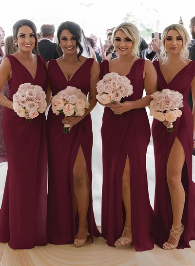 Sheath/Column Cowl Neck Sleeveless Chiffon Bridesmaid Dresses With Pleated Split Front