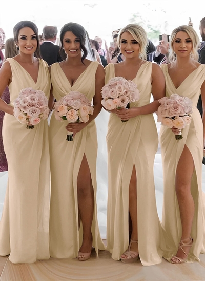 Sheath/Column Cowl Neck Sleeveless Chiffon Bridesmaid Dresses With Pleated Split Front