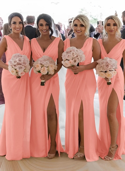 Sheath/Column Cowl Neck Sleeveless Chiffon Bridesmaid Dresses With Pleated Split Front