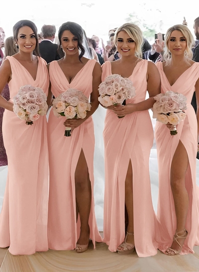 Sheath/Column Cowl Neck Sleeveless Chiffon Bridesmaid Dresses With Pleated Split Front