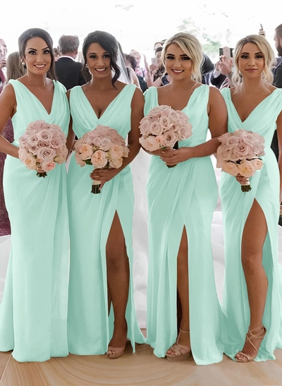 Sheath/Column Cowl Neck Sleeveless Chiffon Bridesmaid Dresses With Pleated Split Front
