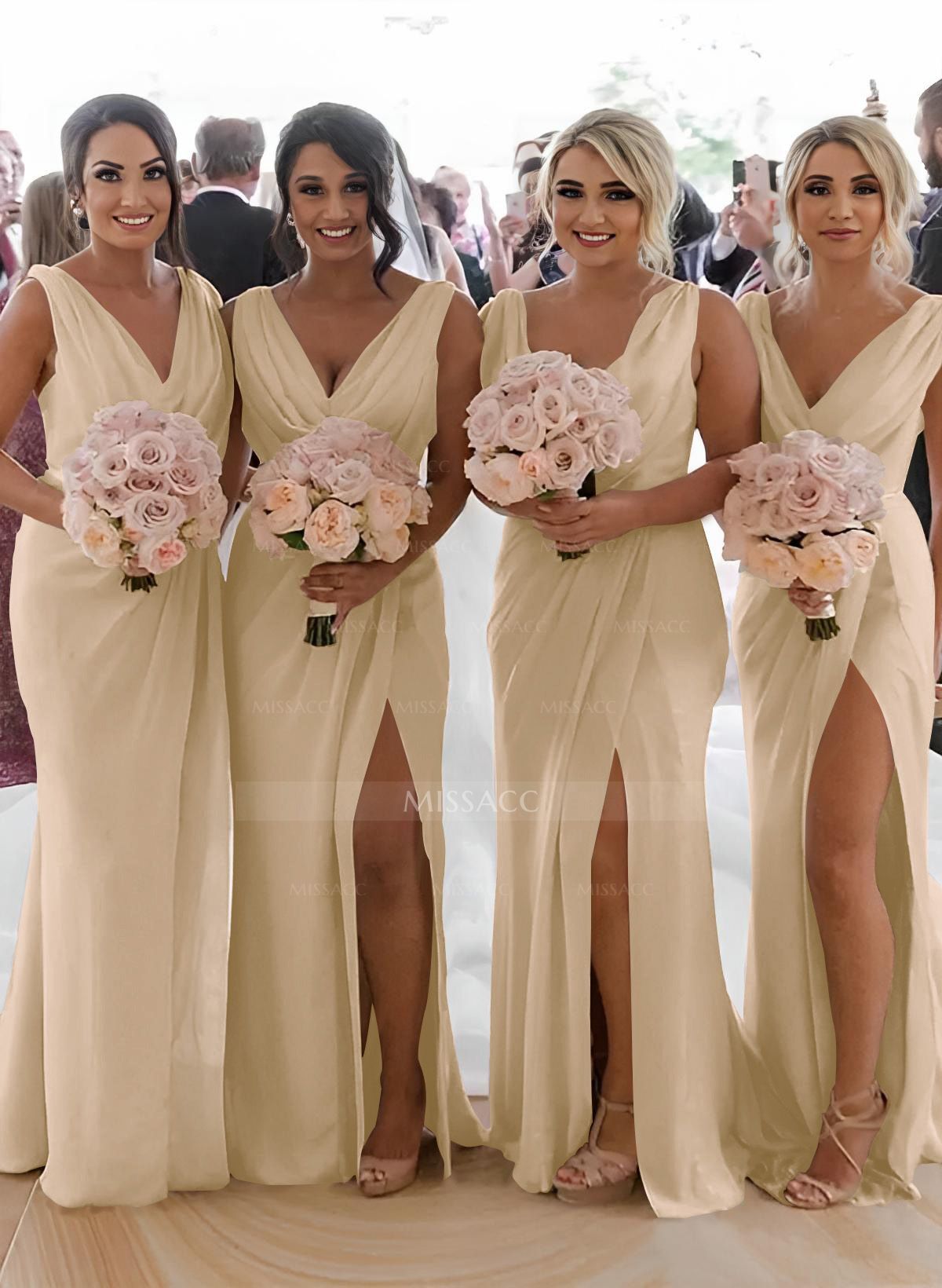 Sheath/Column Cowl Neck Sleeveless Chiffon Bridesmaid Dresses With Pleated Split Front