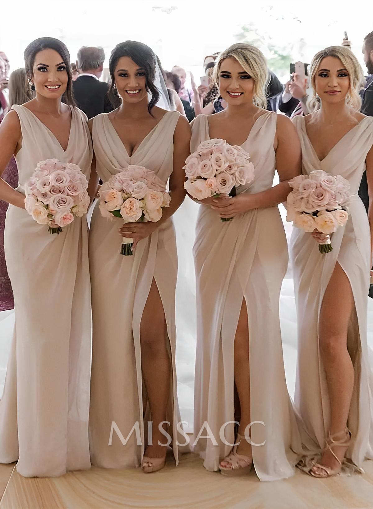 Sheath/Column Cowl Neck Sleeveless Chiffon Bridesmaid Dresses With Pleated Split Front