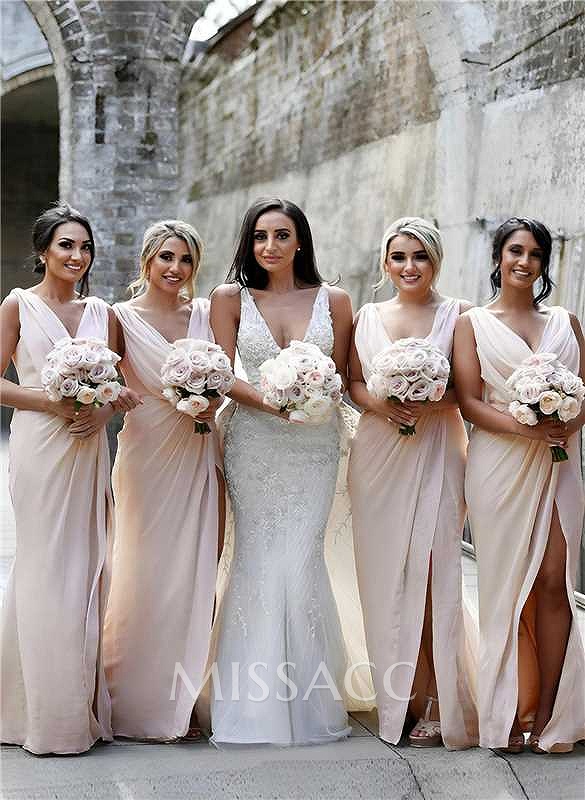 Sheath/Column Cowl Neck Sleeveless Chiffon Bridesmaid Dresses With Pleated Split Front