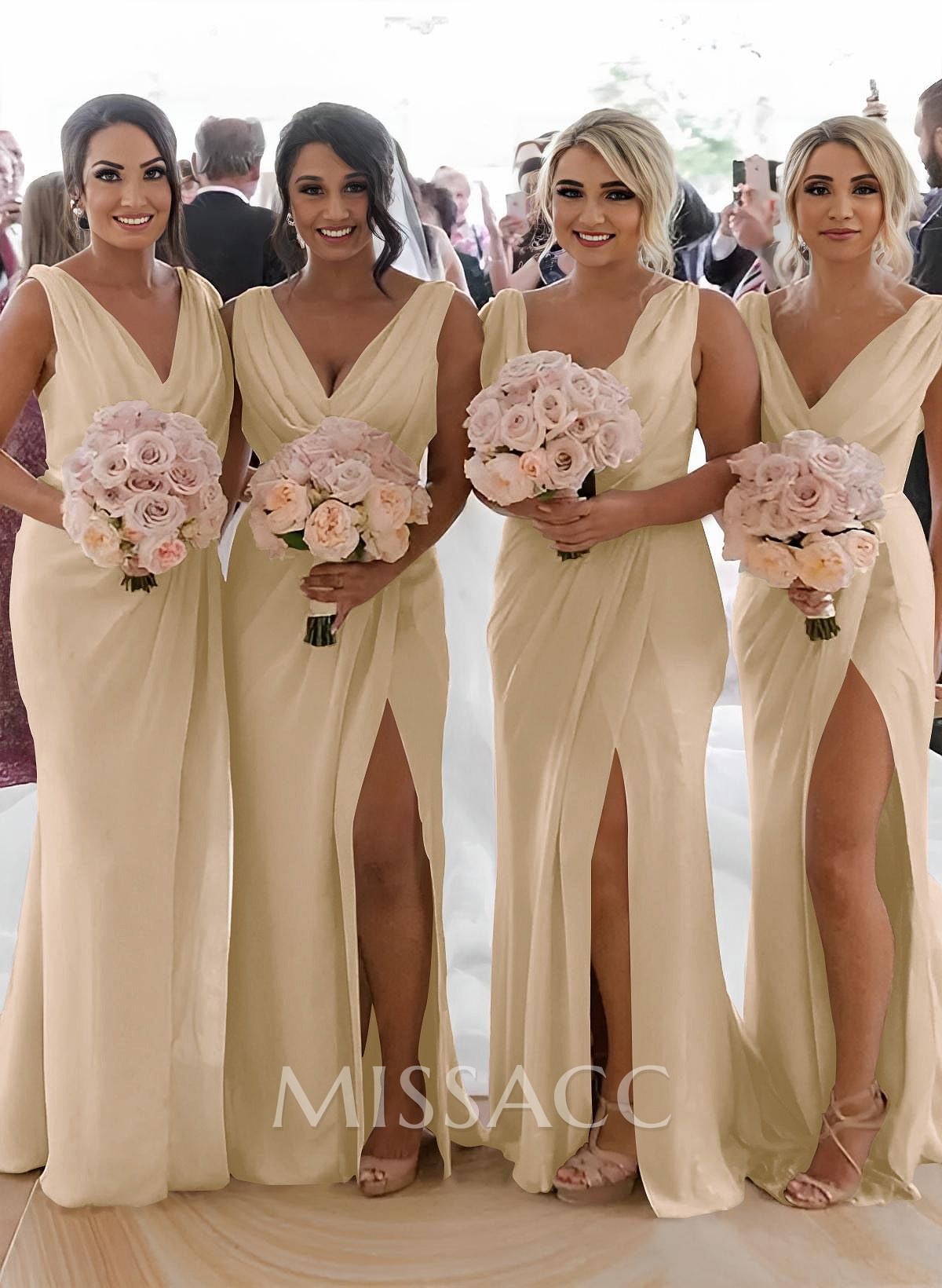 Sheath/Column Cowl Neck Sleeveless Chiffon Bridesmaid Dresses With Pleated Split Front Sheath/Column Cowl Neck Sleeveless Chiffon Bridesmaid Dresses With Pleated Split Front