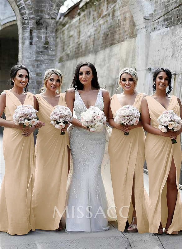 Sheath/Column Cowl Neck Sleeveless Chiffon Bridesmaid Dresses With Pleated Split Front Sheath/Column Cowl Neck Sleeveless Chiffon Bridesmaid Dresses With Pleated Split Front