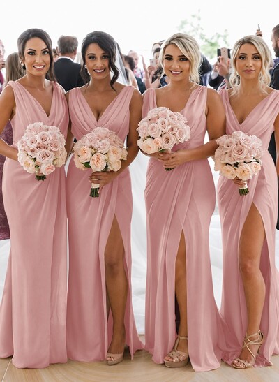 Sheath/Column Cowl Neck Sleeveless Chiffon Bridesmaid Dresses With Pleated Split Front