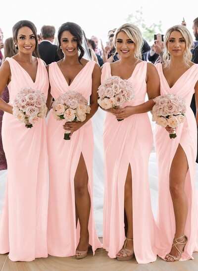 Sheath/Column Cowl Neck Sleeveless Chiffon Bridesmaid Dresses With Pleated Split Front