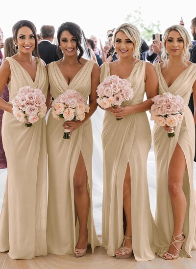 Sheath/Column Cowl Neck Sleeveless Chiffon Bridesmaid Dresses With Pleated Split Front