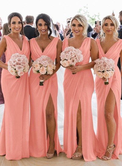 Sheath/Column Cowl Neck Sleeveless Chiffon Bridesmaid Dresses With Pleated Split Front