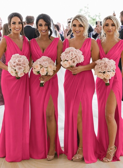 Sheath/Column Cowl Neck Sleeveless Chiffon Bridesmaid Dresses With Pleated Split Front