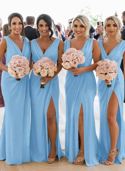 sheath/column cowl neck sleeveless chiffon bridesmaid dresses with pleated split Timeless Sheath Cowl Pleated Floor-Length Chiffon Bridesmaid Dress