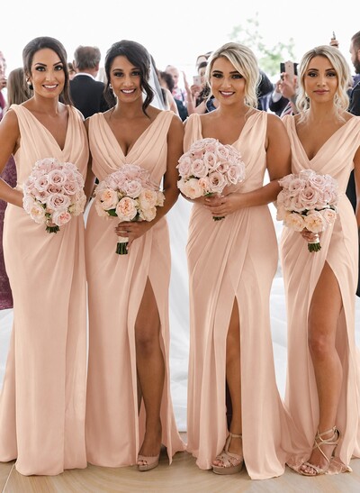 Sheath/Column Cowl Neck Sleeveless Chiffon Bridesmaid Dresses With Pleated Split Front