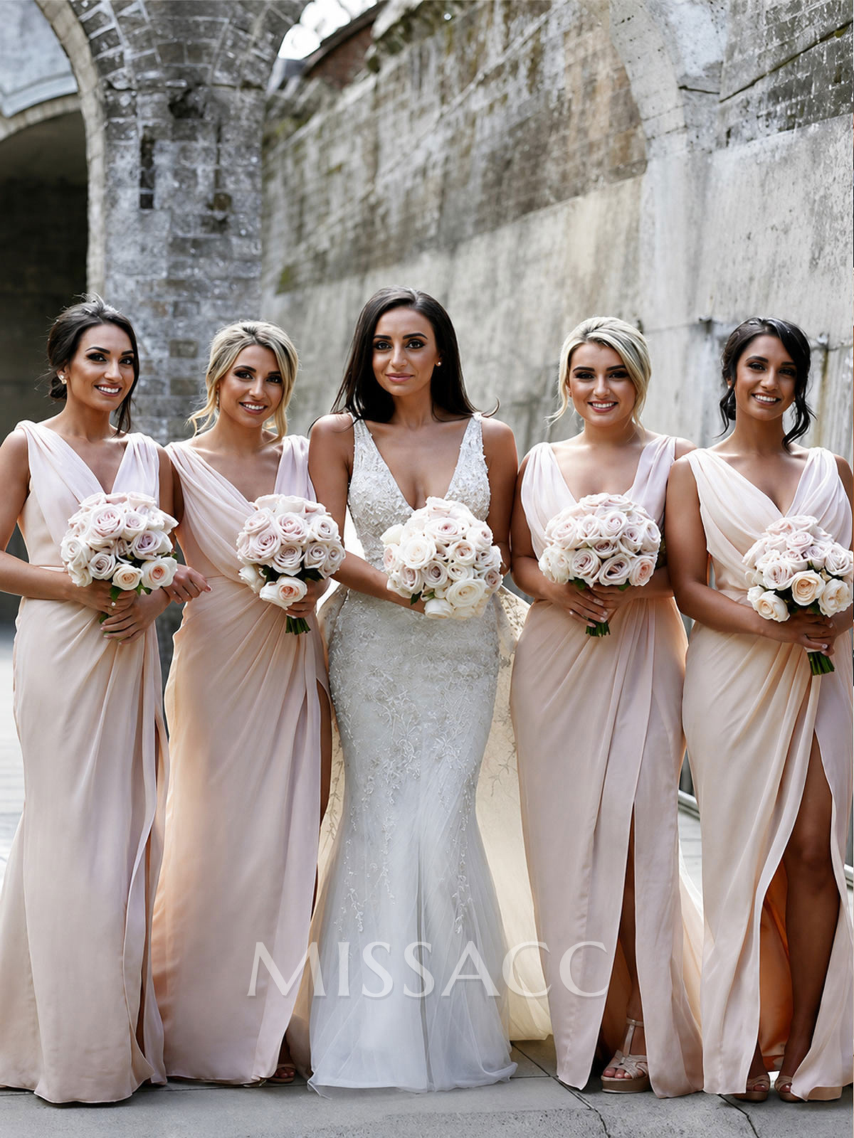 Sheath/Column Cowl Neck Sleeveless Chiffon Bridesmaid Dresses With Pleated Split Front Sheath/Column Cowl Neck Sleeveless Chiffon Bridesmaid Dresses With Pleated Split Front