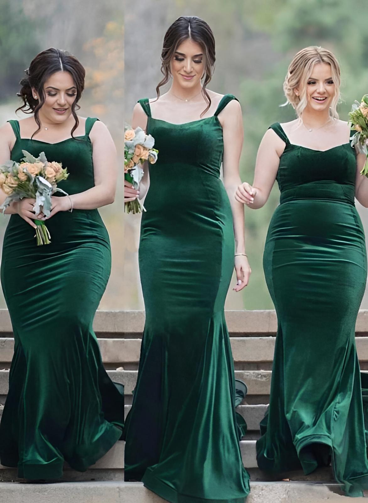 Trumpet/Mermaid Square Neckline -Sweep Train Velvet Bridesmaid Dresses