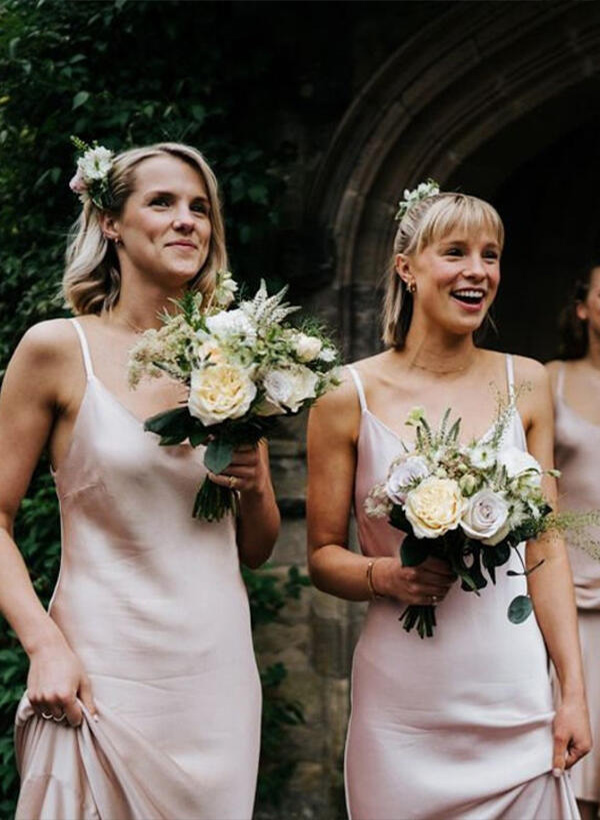 Sheath/Column V-Neck Satin Sweep Train Bridesmaid Dresses