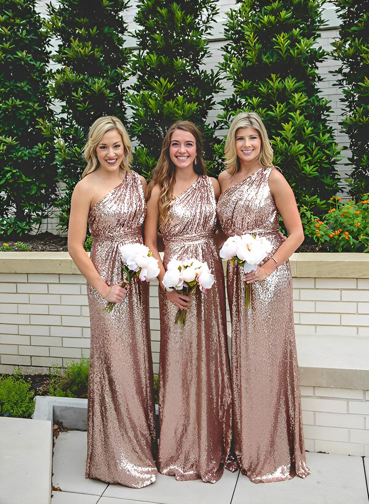 A-Line One Shoulder Sequined floor-Length Bridesmaid Dresses  With Sequins