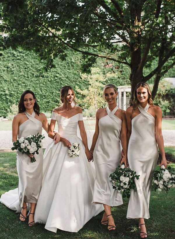 Sheath/Column High Neck Satin Ankle-Length Bridesmaid Dresses
