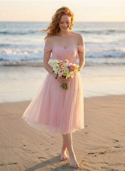 A-Line/Princess Tulle Off-The-Shoulder Knee-Length Bridesmaid Dresses With Ruffle