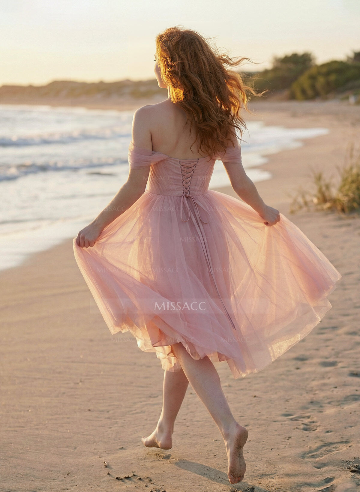 A-Line/Princess Tulle Off-The-Shoulder Knee-Length Bridesmaid Dresses With Ruffle