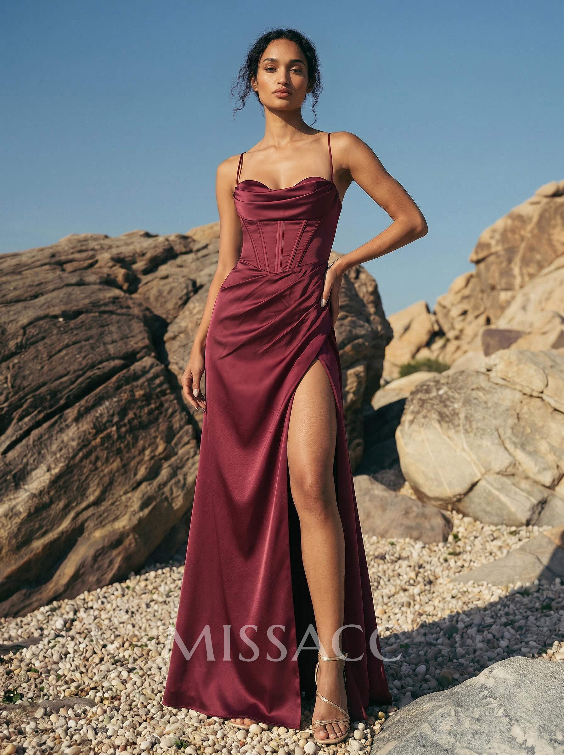 Sheath/Column Charmeuse Cowl Neck Spaghetti Straps Sweep Train Bridesmaid Dresses With Split Front