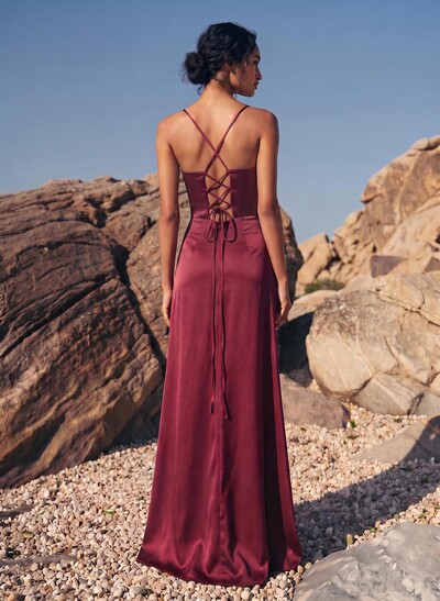 Sheath/Column Charmeuse Cowl Neck Spaghetti Straps Sweep Train Bridesmaid Dresses With Split Front