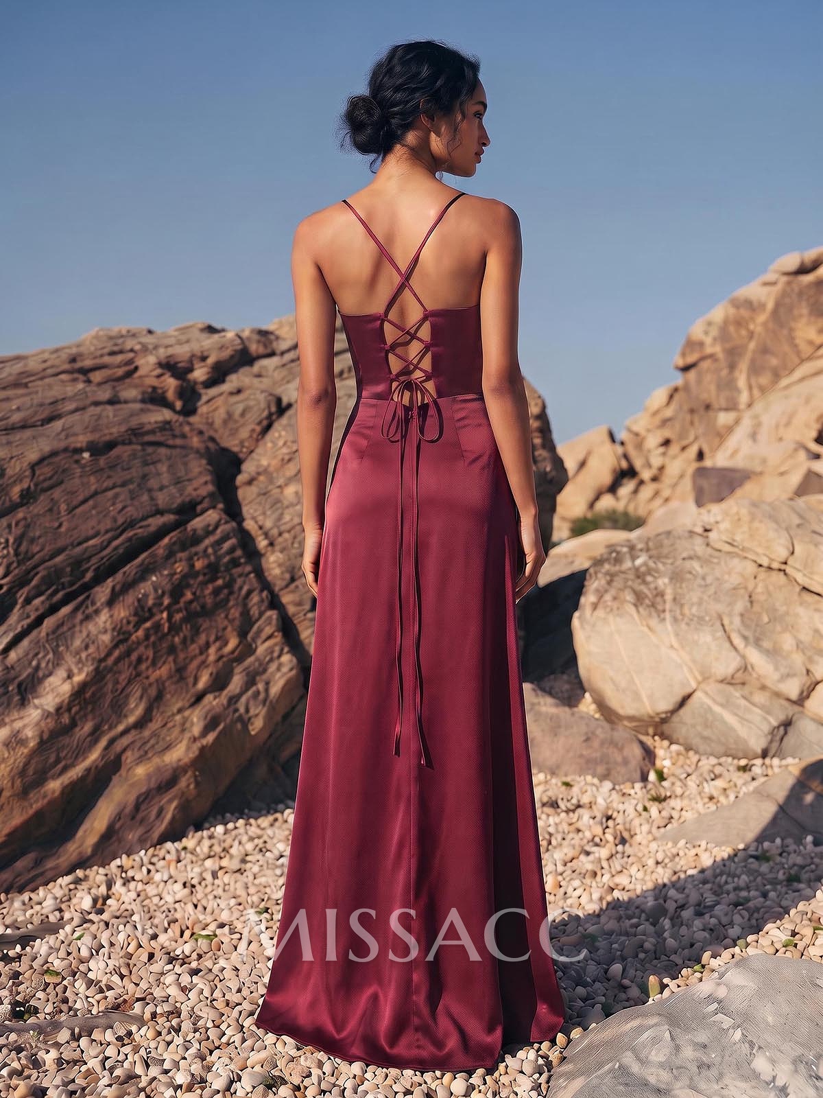 Sheath/Column Charmeuse Cowl Neck Spaghetti Straps Sweep Train Bridesmaid Dresses With Split Front