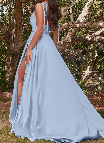 A-Line/Princess Cowl Neck Satin floor-Length Bridesmaid Dresses  With Split Front