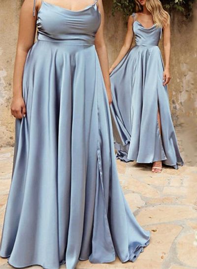 A-Line/Princess Cowl Neck Satin Floor-Length Bridesmaid Dresses With Split Front