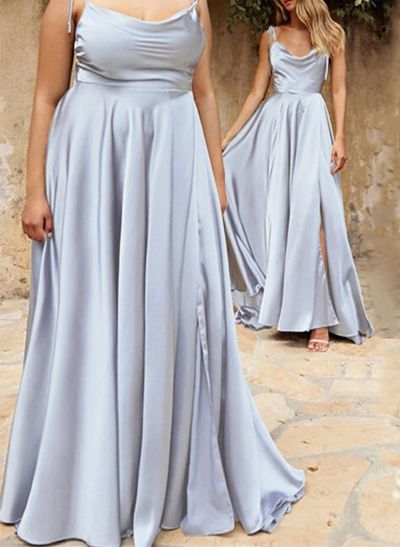 A-Line/Princess Cowl Neck Silk Like Satin Floor-Length Bridesmaid Dresses With Split Front