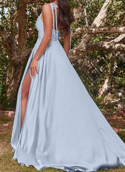 A-Line/Princess Cowl Neck Silk Like Satin Floor-Length Bridesmaid Dresses With Split Front