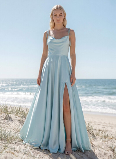 A-Line/Princess Cowl Neck Silk Like Satin Floor-Length Bridesmaid Dresses With Split Front