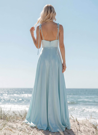 A-Line/Princess Cowl Neck Silk Like Satin Floor-Length Bridesmaid Dresses With Split Front