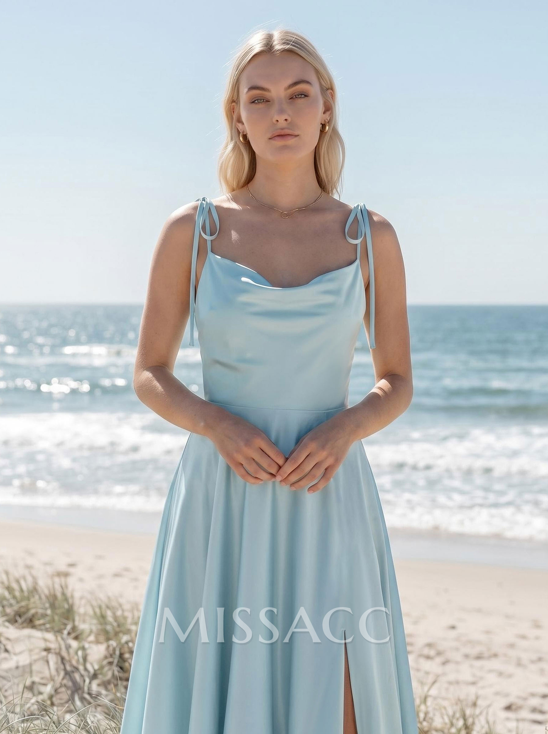 A-Line/Princess Cowl Neck Silk Like Satin Floor-Length Bridesmaid Dresses With Split Front A-Line/Princess Cowl Neck Silk Like Satin Floor-Length Bridesmaid Dresses With Split Front