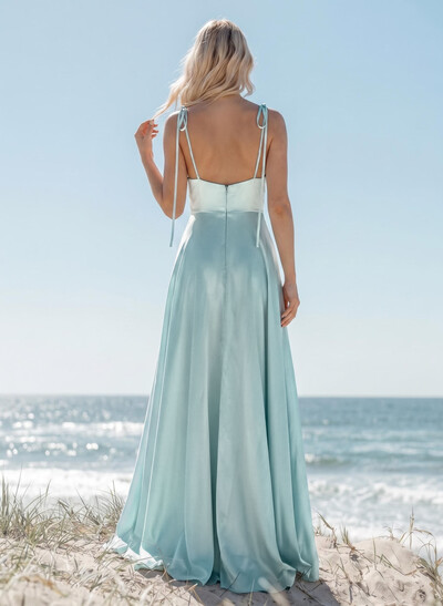 A-Line/Princess Cowl Neck Silk Like Satin Floor-Length Bridesmaid Dresses With Split Front