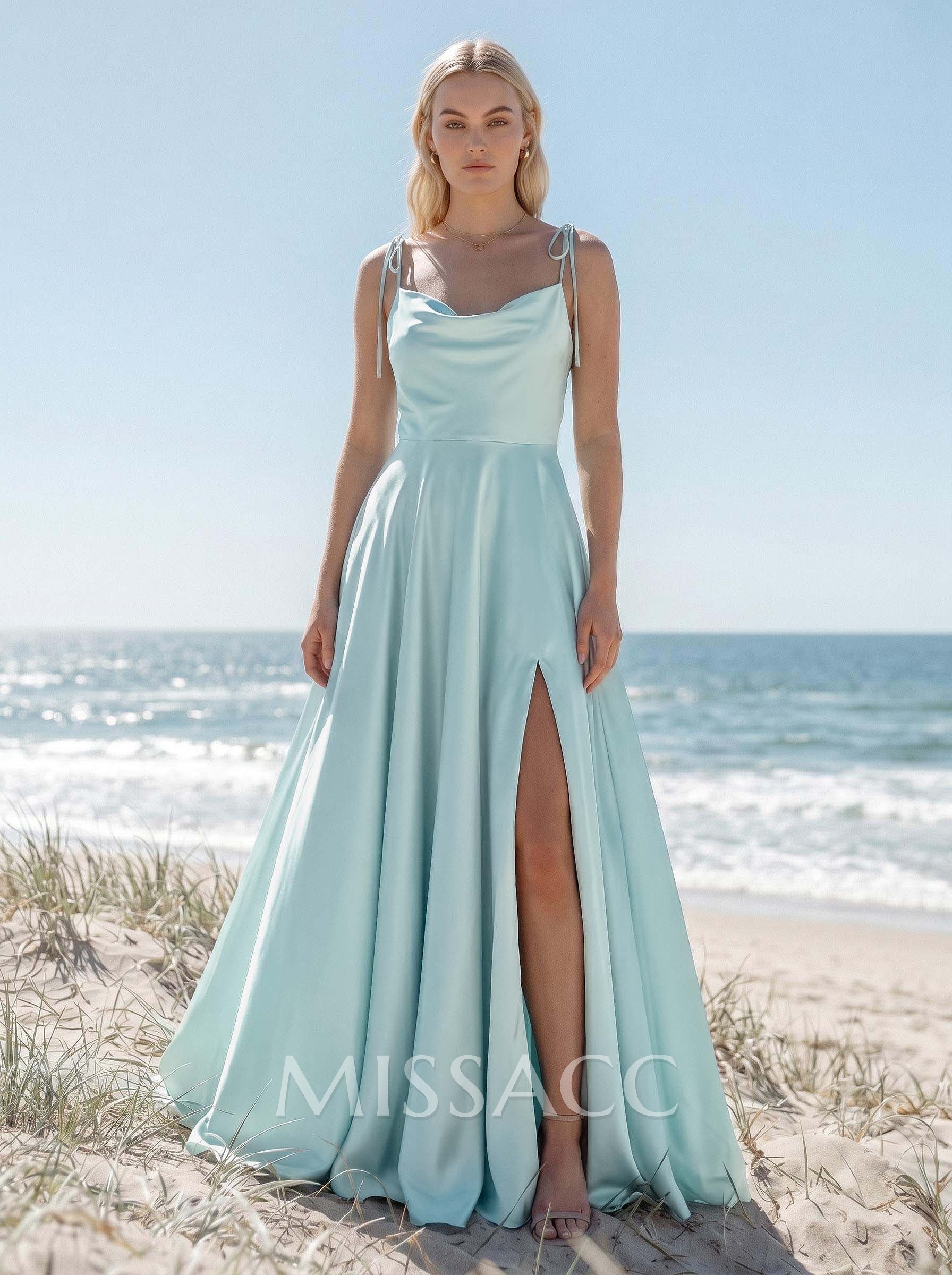 A-Line/Princess Cowl Neck Silk Like Satin Floor-Length Bridesmaid Dresses With Split Front A-Line/Princess Cowl Neck Silk Like Satin Floor-Length Bridesmaid Dresses With Split Front