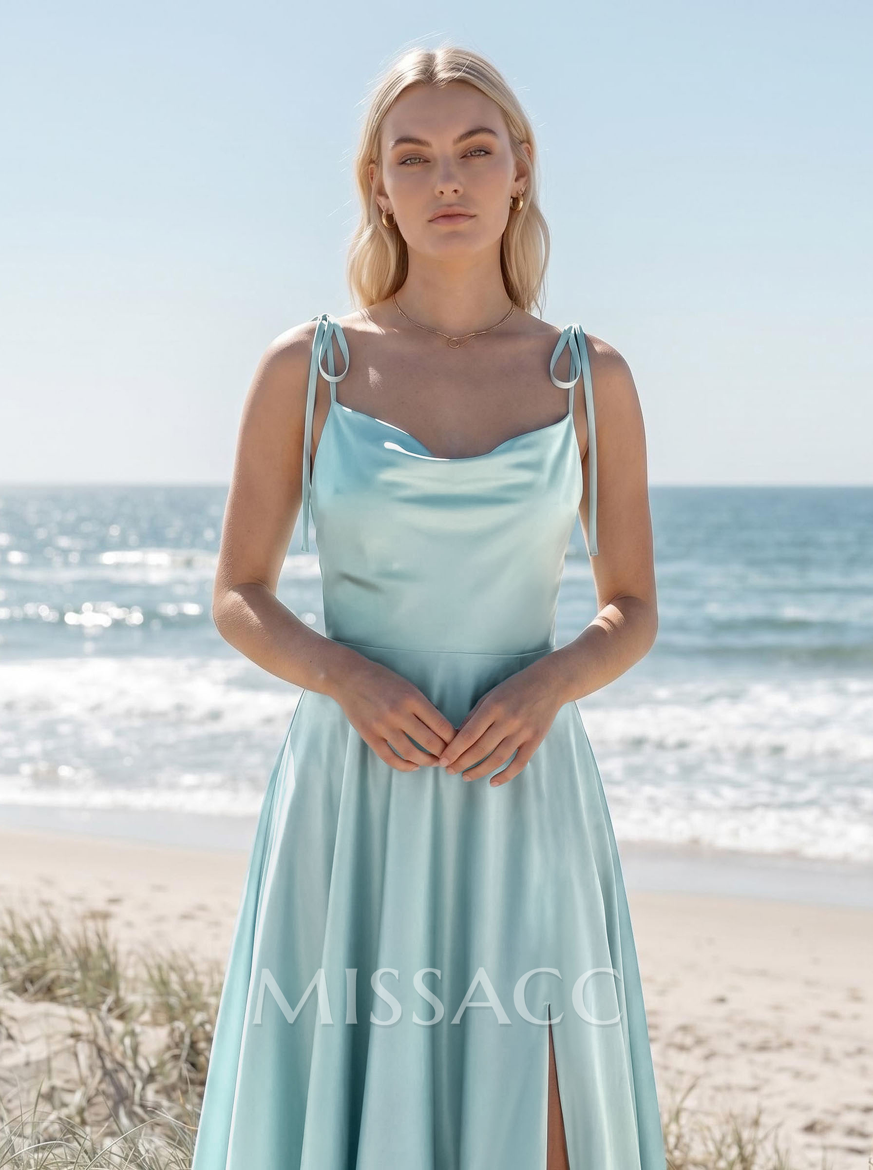 A-Line/Princess Cowl Neck Silk Like Satin Floor-Length Bridesmaid Dresses With Split Front A-Line/Princess Cowl Neck Silk Like Satin Floor-Length Bridesmaid Dresses With Split Front