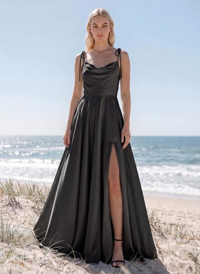 A-Line/Princess Cowl Neck Silky Satin Floor-Length Bridesmaid Dresses With Front Split