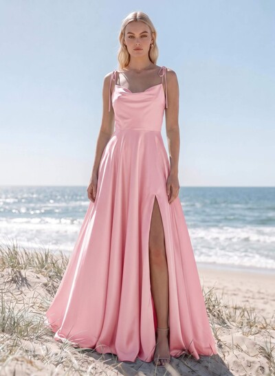 A-Line/Princess Cowl Neck Silky Satin Maxi Bridesmaid Dresses With Front Split