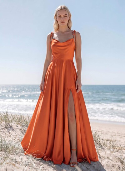 A-Line/Princess Cowl Neck Silk-Like Satin Floor-Length Bridesmaid Dresses With Front Slit