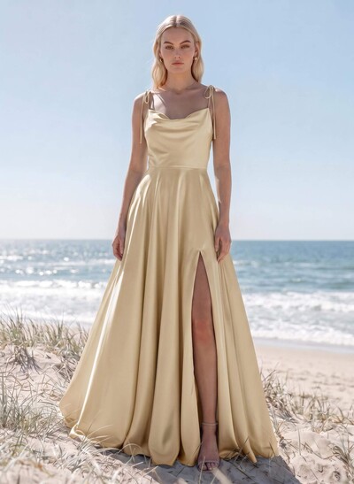 A-Line/Princess Cowl Neck Silk Like Satin Floor-Length Bridesmaid Dresses With Split Front