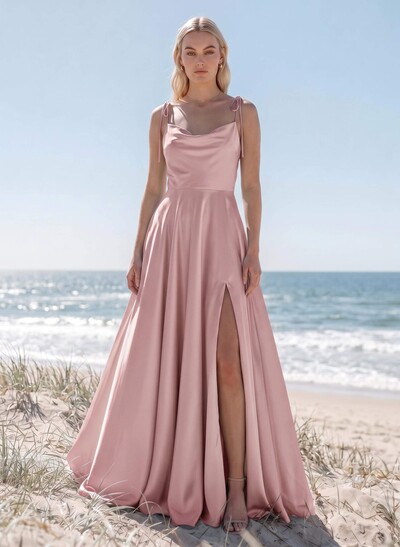 A-Line/Princess Cowl Neck Silk Like Satin Floor-Length Bridesmaid Dresses With Split Front