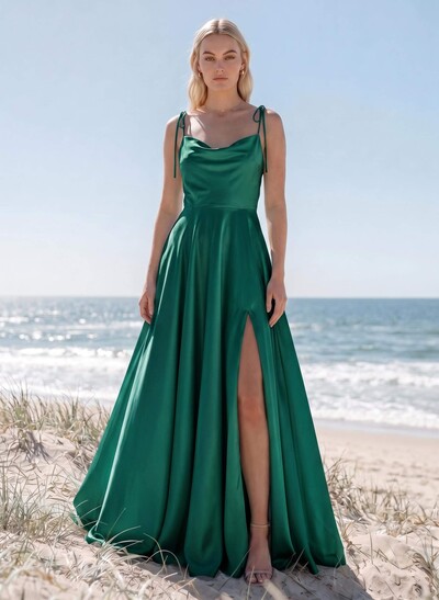 A-Line/Princess Cowl Neck Silk Like Satin Floor-Length Bridesmaid Dresses With Split Front