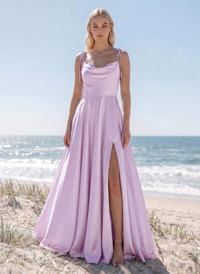 A-Line/Princess Cowl Neck Silk Like Satin Floor-Length Bridesmaid Dresses With Split Front