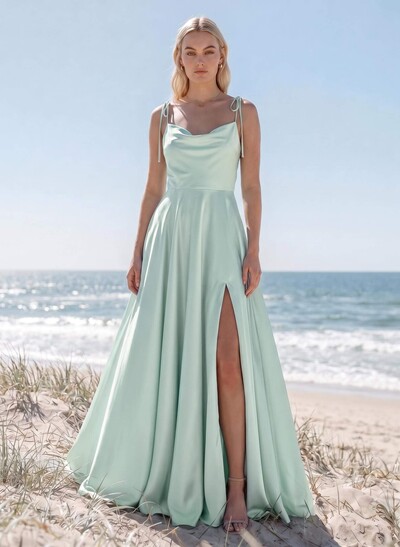A-Line/Princess Cowl Neck Silk Like Satin Floor-Length Bridesmaid Dresses With Split Front