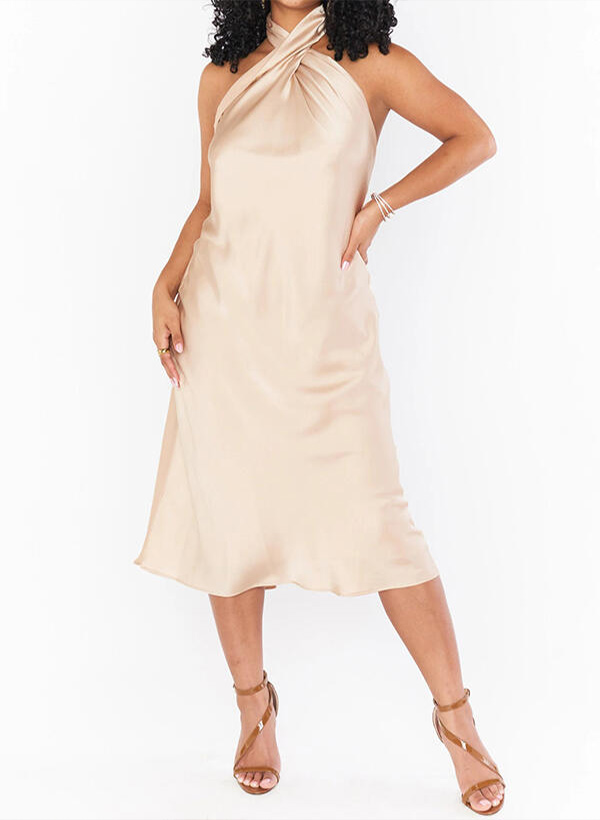 Sheath/Column Halter Satin Tea-Length Bridesmaid Dresses